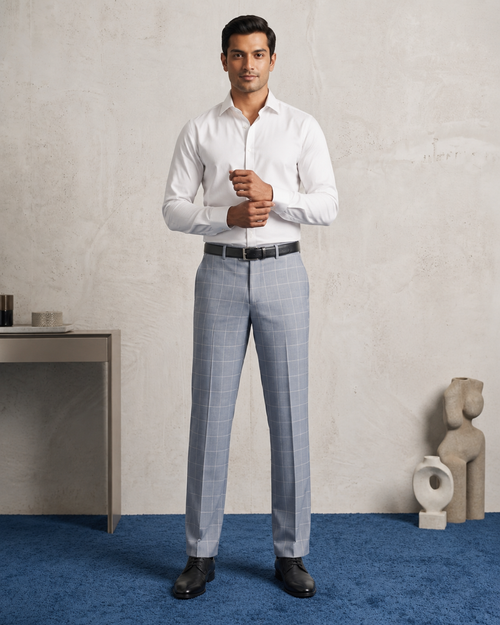 Men’s Imperial Blue Checked Pleated Formal Trouser