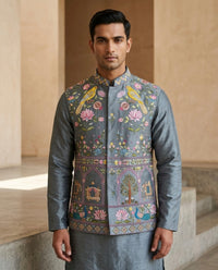 Grey Silk Nehru Set
