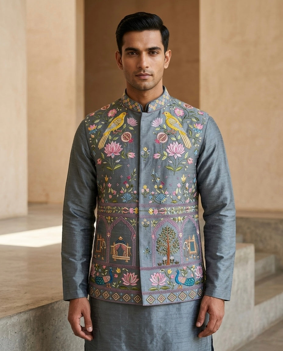 Grey Silk Nehru Set