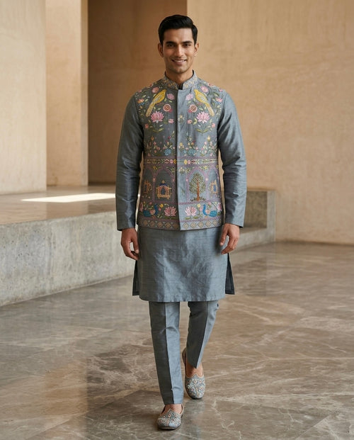 Grey Silk Nehru Set