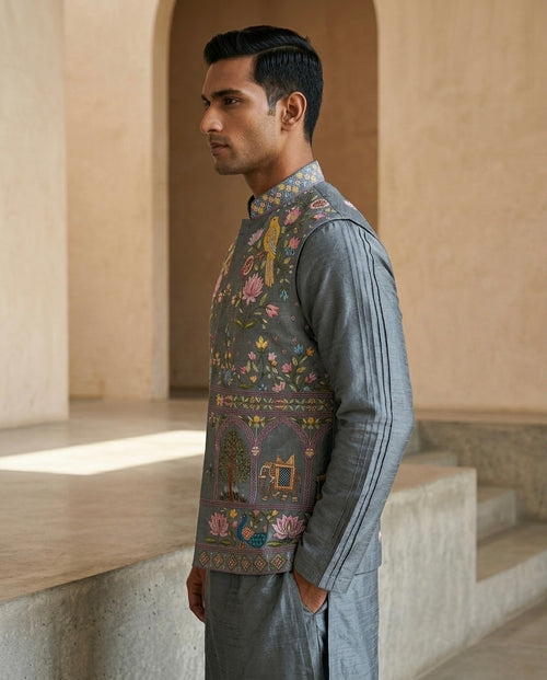 Grey Silk Nehru Set