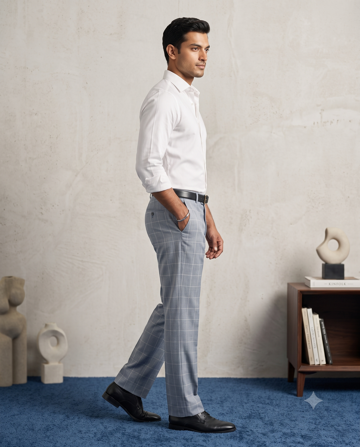 Men’s Imperial Blue Checked Pleated Formal Trouser