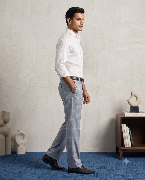Men’s Imperial Blue Checked Pleated Formal Trouser