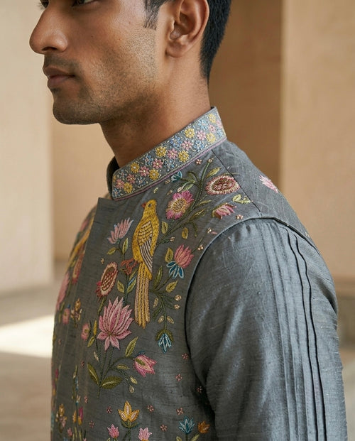 Grey Silk Nehru Set